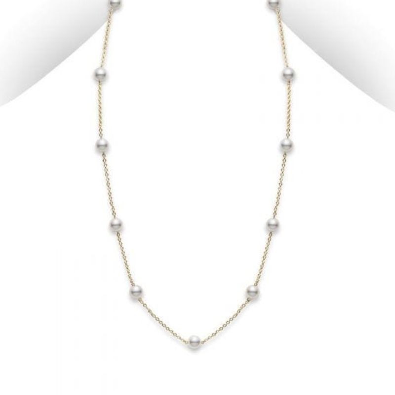 Mikimoto 18K Yellow Gold Chain Necklace with 11 Round Akoya Cultured Pearls 6.0mm A+ 18/16