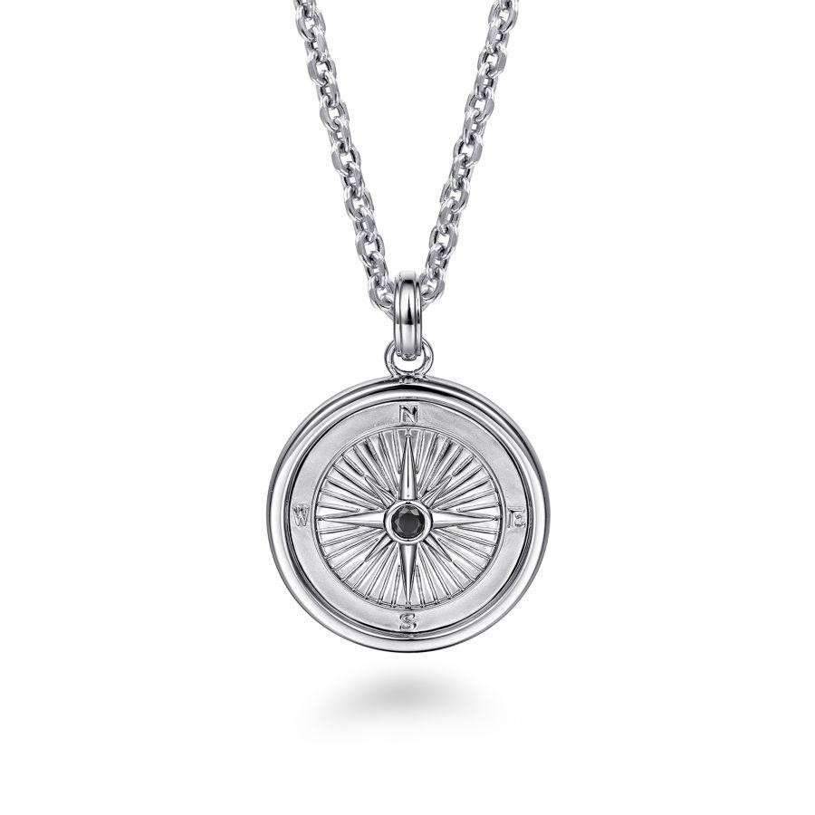Gabriel & Co Sterling Silver Compass Pendant with 1 Round Black Spinel Stone0.13 Cts