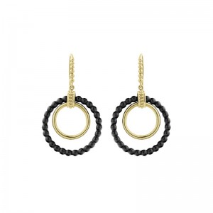 Circle Drop Earrings With 18K Gold And Black Ceramic. 18K Gold French Wire Dimensions 10Mm X 24Mm