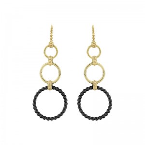Circle Drop Earrings With 18K Gold And Black Ceramic. Ideal To Style With Other Gold & Black Caviar