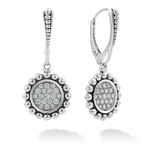 Lagos Sterling Silver Caviar Spark Diamond Drop 35x16mm Earrings