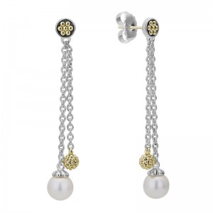 S/S 18K Luna Pearl Gold Ball And Pearl 2 Chain Post W Drp Earrings