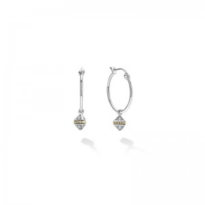 18K Yellow Gold and Sterling Silver KSL Diamond Charm Hoop 18mm Earrings with 12 Round Diamond