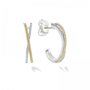 18K Yellow Gold and Sterling Silver Caviar Lux Diamond Hoop 13mm Earrings with 12 Round Diamon
