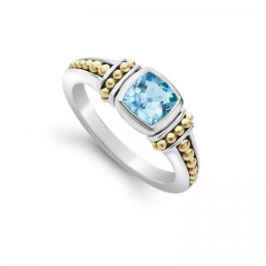 Lagos Sterling Silver & 18K Yellow Gold Caviar Blue Topaz 6X6 Cushion Ring  Size 7