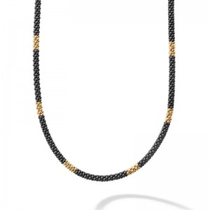 Lagos 18K Yellow Gold Black Caviar Black Ceramic with 12 Medium Stations 3mm Rope Necklace 16