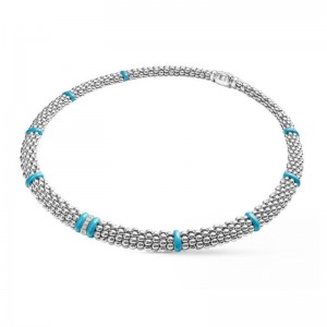 Lagos Sterling Silver and Ceramic Blue Caviar Diamond Caviar 9mm Necklace