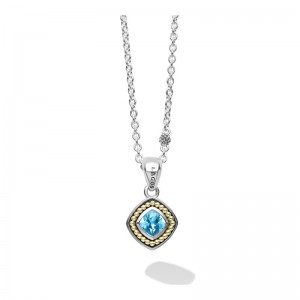 Lagos Sterling Silver & 18K Yellow Gold Caviar Blue Topaz 6X6 Cushion Pendant on Adjustable Necklace 16-18