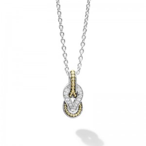 Lagos Sterling Silver & 18K Yellow Gold Newport 13x6mm Pendant with Round Diamonds G-H SI Length 16-18