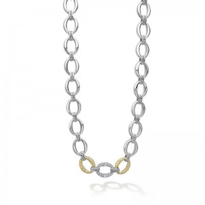 Lagos Sterling Silver & 18K Yellow Gold Caviar Lux Single Station Diamond Link Necklace 18