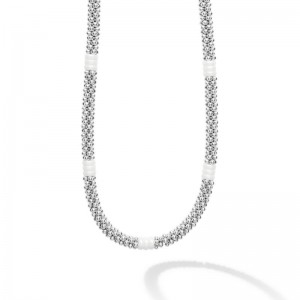 Lagos Sterling Silver & 18K Yellow Gold White Caviar White Ceramic 9/3 Stations 5mm Rope Necklace 18