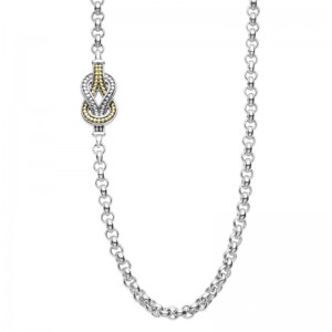 Lagos Sterling Silver & 18K Yellow Gold Newport 4mm Rolo 4 Link With Stations Necklace Length 34