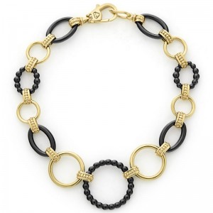 Lagos 18K Yellow Gold & Black Caviar & Black Circle Adjustable Link Bracelet