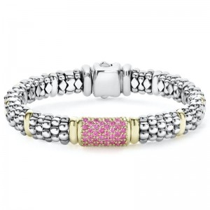 Lagos Sterling Silver & 18K Yellow Gold Caviar Pink Sapphire Center Gold Stations 9mm Rope Bracelet  Size 7