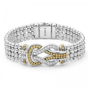 Lagos Sterling Silver & 18K Yellow Gold Newport 15mm Flat Link Bracelet with Round Diamonds 0.61 Tcw G-H SI Size M