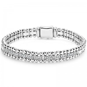 Lagos Sterling Silver Caviar Spark Diamond 11 Stationss 7mm Link Bracelet with Round Diamonds 0.19 Tcw G-H SI Size M