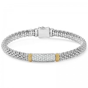 18K Yellow Gold and Sterling Silver Caviar Lux 17mm Diamond Station Caviar 6mm Bracelet with R
