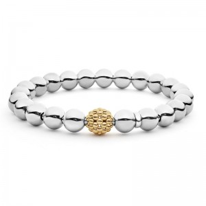 Lagos 18K Yellow Gold and Sterling Silver Signature Caviar Stretch Silver Bead 8mm Bracelet