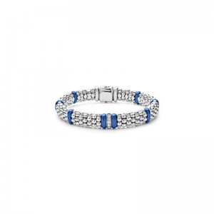 Lagos Sterling Silver Blue Marine Caviar 1 Diamond Link 9mm Rope Bracelet Size 7