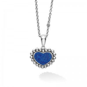 Sterling Silver Maya Small Gemstone 22x17mm Heart Pendant Necklace with 1 Lapis Stone
