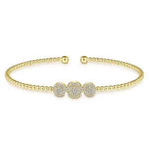 14K Yellow Gold Bujukan Bead Cuff Bracelet with Three Pave Diamond Stations