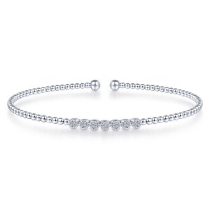 abriel & Co. 14K White Gold Bujukan Bead Cuff Bangle Bracelet with Cluster Stations containing 7 Round Brilliant Cut Diamonds 0.13 Tcw H-I SI2