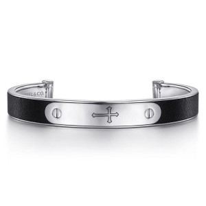 Gabriel & co Sterling Silver & Leather Open Cross ID Bracelet   Size 7.25