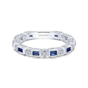 Gabriel & Co. 14K White Gold Stackable Sapphire Baguette and Diamond Round Eternity Ring