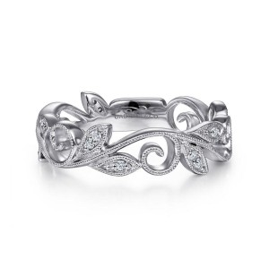 Gabriel & Co. 14K White Gold Stackable Scrolling Floral Diamond Ring with 15 Round Diamonds 0.10 Tcw I-J SI2   SIZE: 6.5