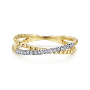 Gabriel & Co. 14K Yellow Gold Bujukan Beaded Pavé Diamond Criss Cross Ring