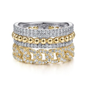 Gabriel & Co. 14K White & Yellow Gold Wide Band Bujukan Layered Ring with 187 Round Diamonds 1.01 Tcw H-I SI2