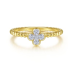 Gabriel & co. 14K Yellow Gold Diamond Cluser Clover & Bujukan Bead Ring with   Round Diamonds 0.18 Tcw G-H SI2