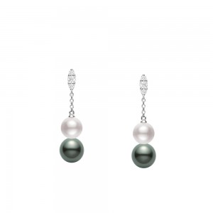 Mikimoto 18K White Gold Earrings with 2 Round Akoya Pearls A+ 7mm & 2 Round Black South Sea Pearls A+ 9mm with 6 Round Diamonds 0.19 Tcw F-G VS