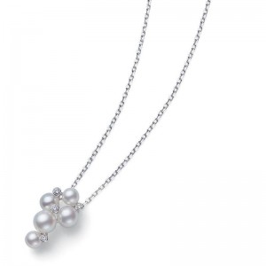 Mikimoto 18K White Gold Bubble Pendant with 5 Round Akoya Pearls A+  (2  @ 4.75mm, 1 @ 5.25mm & 1 @ 5.75mm & 1 @ 6.25mm) & 4 Round Brilliant Cut Diamonds 0.05 TCW F-G VS