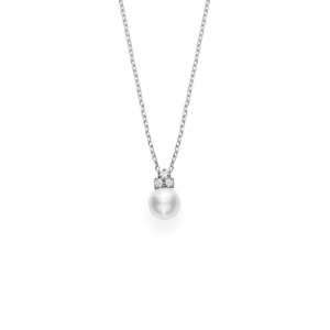 Mikimoto 18K White Gold Pendant with 1 Round Akoya Cultured Pearl 7.75mm A+ & 3 Round Diamonds 0.08 Cts F-G SI1  Length 16