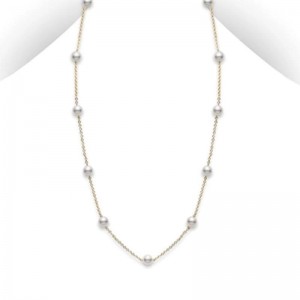 Mikimoto 18K Yellow Gold Chain Necklace with 11 Round Akoya Pearls A+ 5.5mm 18/16