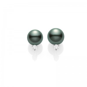 Mikimoto 18K White Gold Black South Sea Pearl and Diamond Stud Earrings 10mm A+ with 2 Round Diamonds 0.20ctw F-G VS
