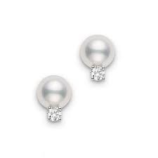 Mikimoto 18K White Gold Stud Earrings with 2 Round Akoya Cultured Pearls 7-7.5mm A+ & 2 Round Diamonds .10 Tcw F-G VS