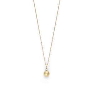 Mikimoto 18K Yellow Gold Pendant with 1 Round Golden South Sea Pearl 11-12mm A+ and 1 Round Diamond 0.15 Cts F-G VS