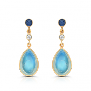 18 K Yellow Gold Flora Earrings Blue Sapphire, Moonstone and Diamond