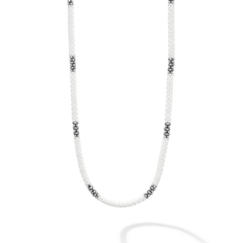 Lagos Sterling Silver White Caviar White Ceramic 12 Medium Stations 3mm Rope Necklace 18