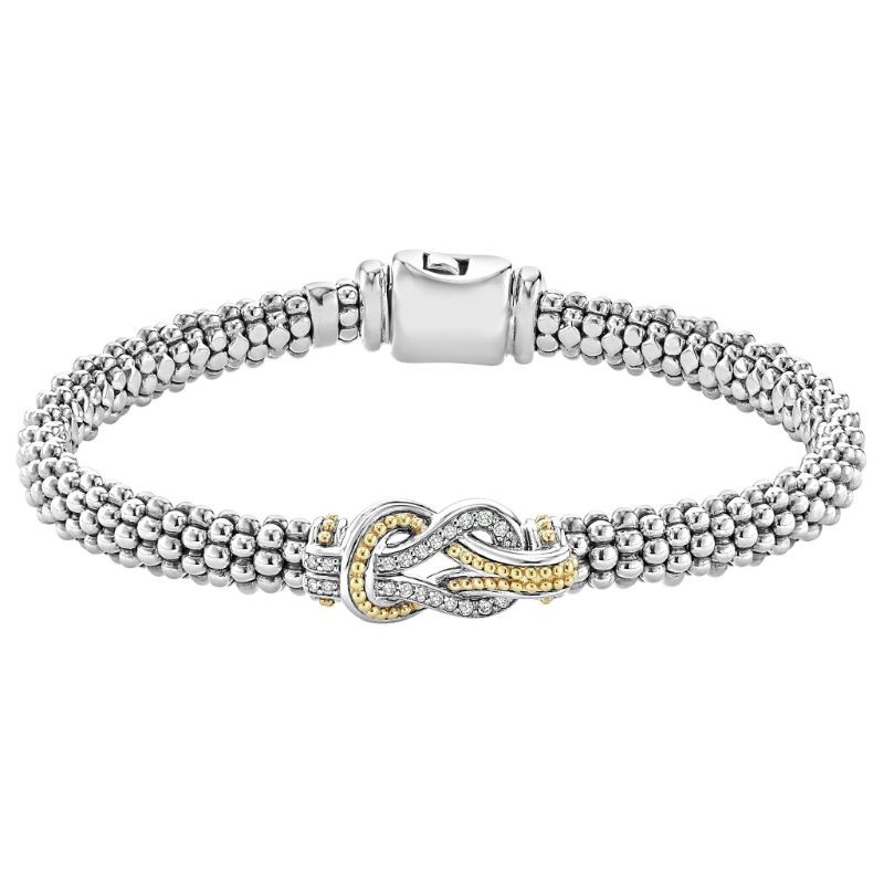 Lagos 18K Yellow Gold and Sterling Silver Newport Diamond Two Tone Knot Caviar 6mm Bracelet