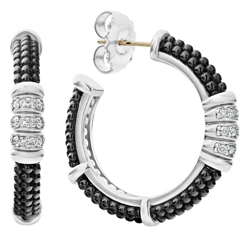 Lagos Sterling Silver Black Caviar Ceramic Diamond Hoop 30mm Earrings