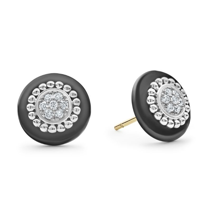 Lagos Sterling Silver Black Caviar Ceramic Diamond Stud 12mm Earrings