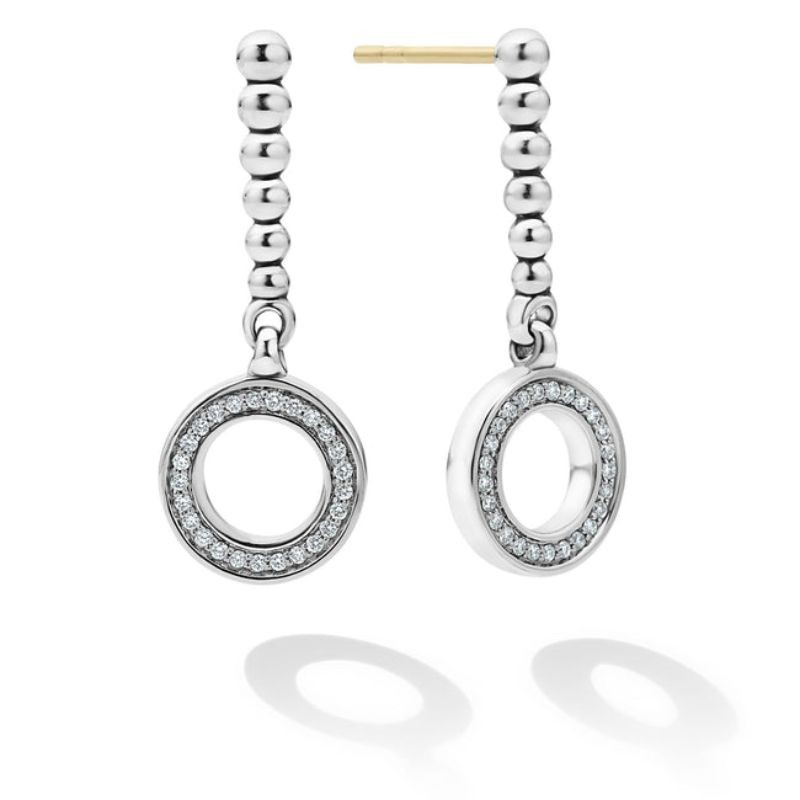 Lagos Sterling Silver Caviar Spark Diamond Circle Drop 26x10mm Earrings