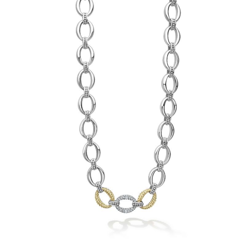 Lagos Sterling Silver & 18K Yellow Gold Caviar Lux Single Station Diamond Link Necklace 18