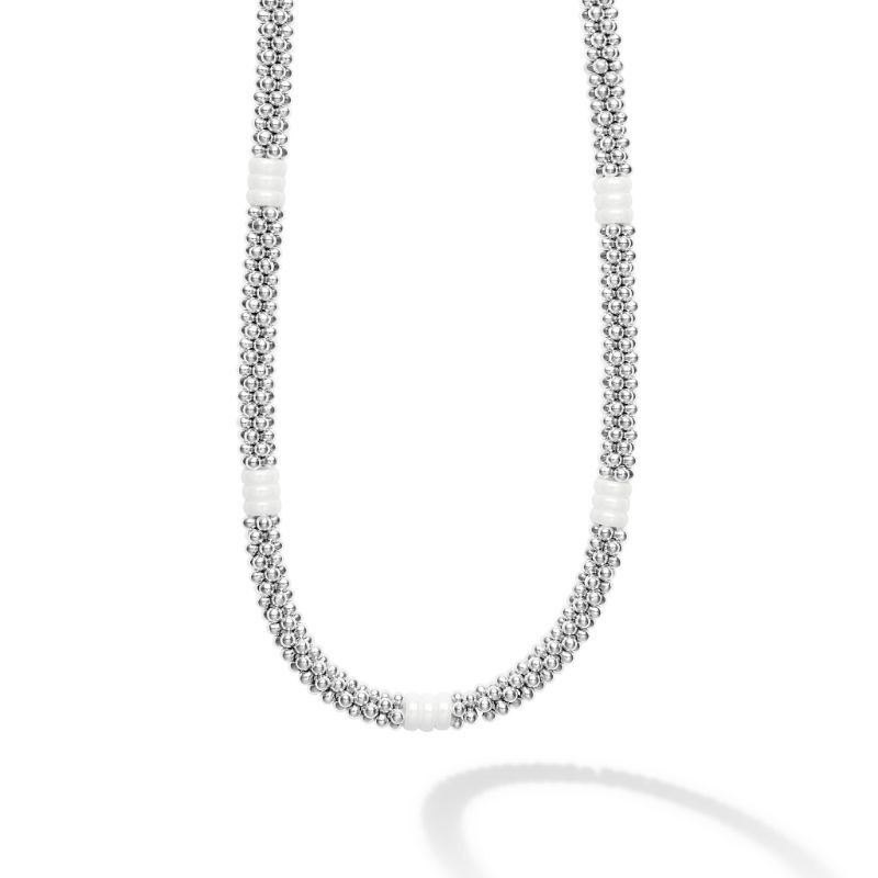Lagos Sterling Silver & 18K Yellow Gold White Caviar White Ceramic 9/3 Stations 5mm Rope Necklace 18