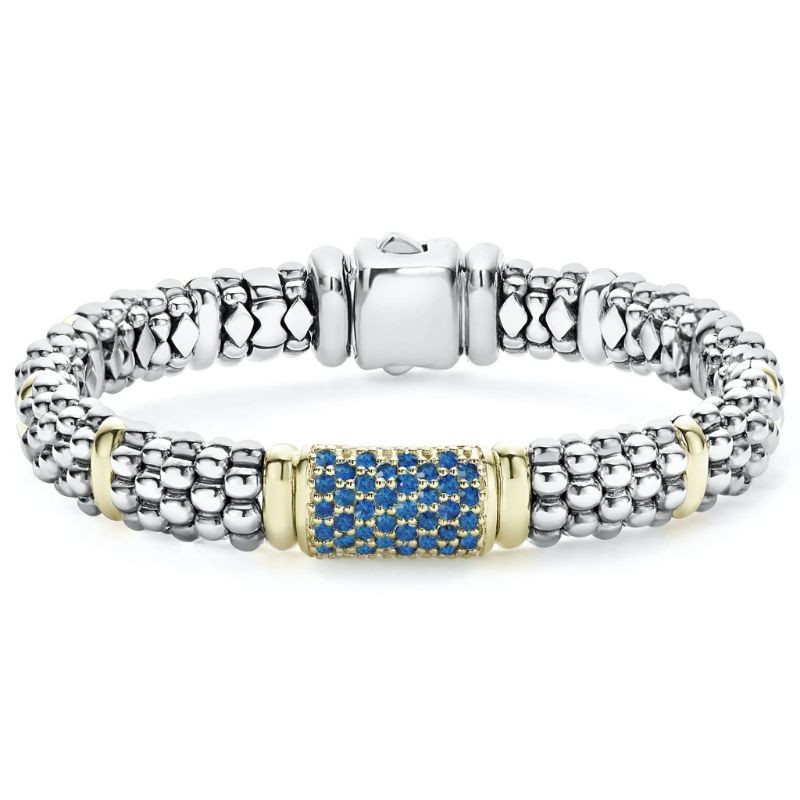 Lagos Sterling Silver & 18K Yellow Gold Caviar Blue Sapphire Center Gold Stations 9mm Rope Bracelet  Size 7