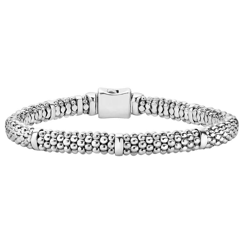 Lagos Sterling Silver Signature Caviar 7 Smooth Stations 6mm Rope Bracelet Size M
