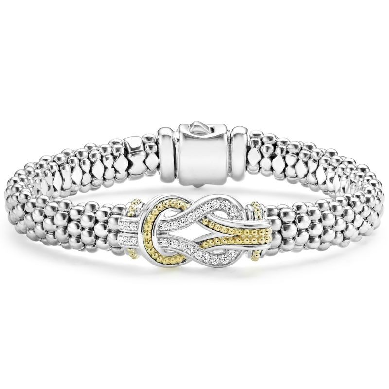 Lagos Sterling Silver & 18K Yellow Gold Newport Round Center Station Rope Bracelet 9mm with Diamonds 0.25 Tcw G-H SI Size M